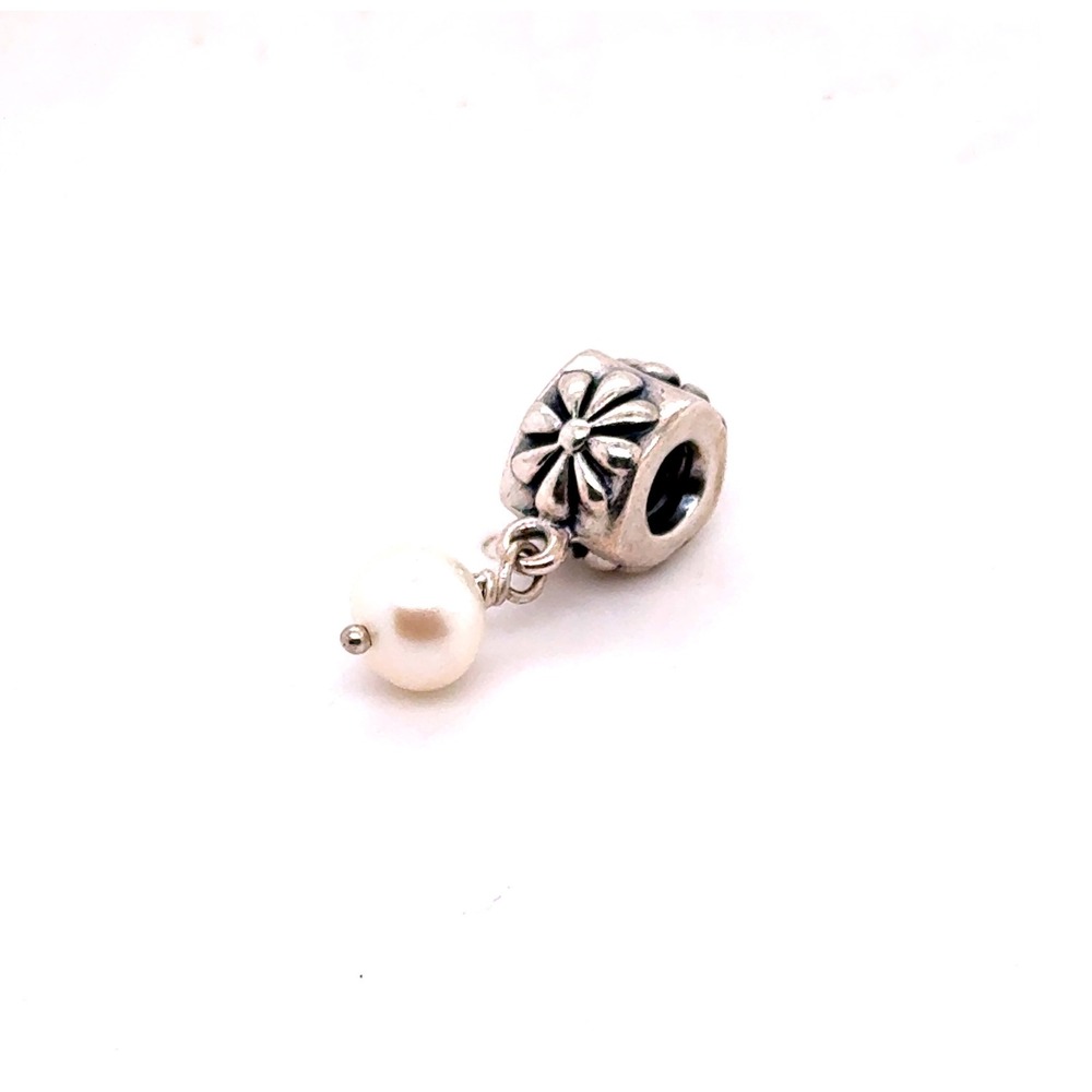 Pandora Sterling Silver Floral Pearl Dangle Charm Bead ALE S925 Flower White